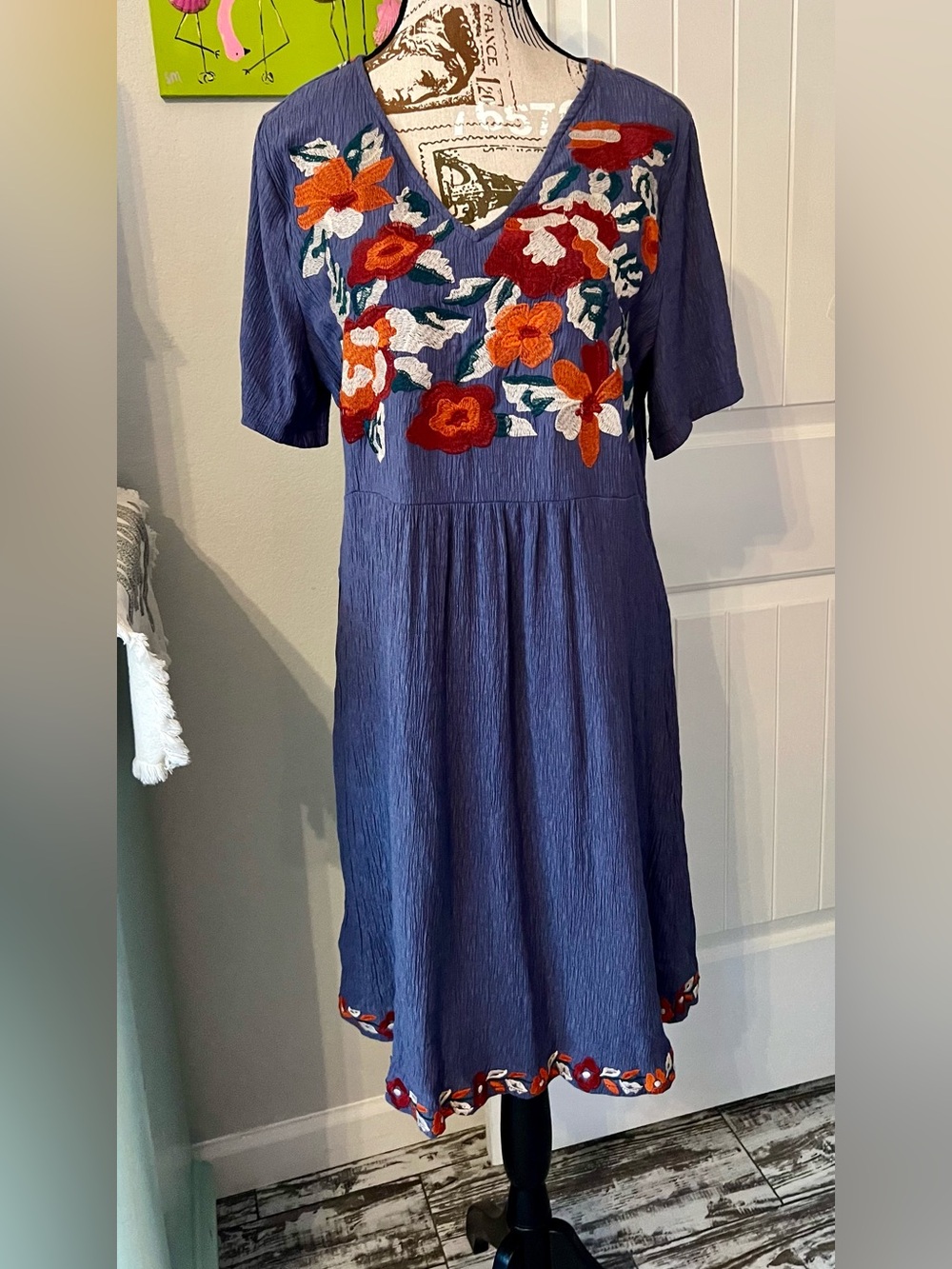 Andree by Unit Blue Embroidered Floral Boho Dress Size Large Boutique Dress